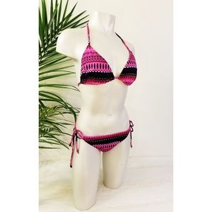 Striped String Bikini Fuschia & Black Sz Medium